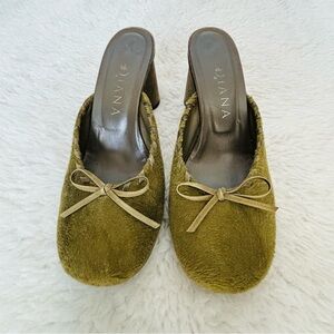 Diana Japan Olive Green Pony Hair/Suede Heels Leather Slides on Sandals size 7
